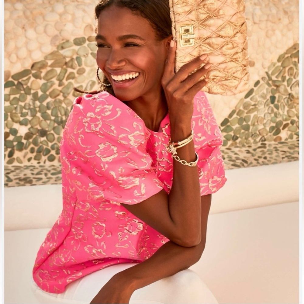 Lilly Pulitzer Pink Gold Puff Floral Brocade Embellished Blouse - Picture 5 of 7